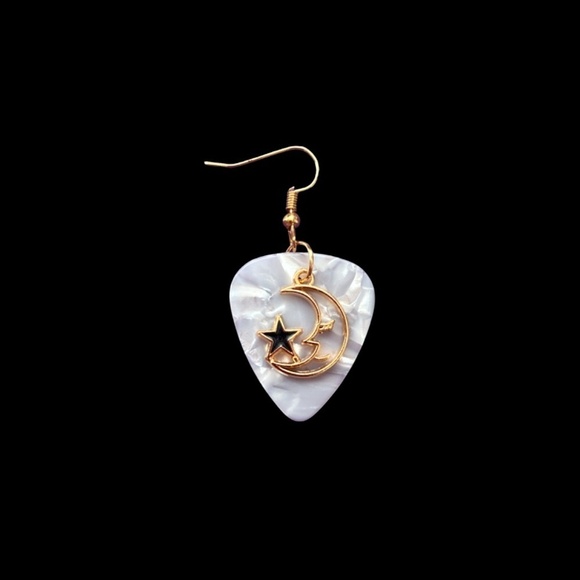 Hand Crafted Earrings Repurposed Guitar Picks Man in the Moon Starry Night NIP - Picture 4 of 9